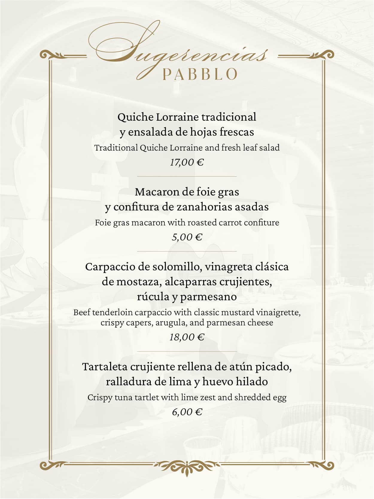 Sugerencia carta restaurante Pabblo